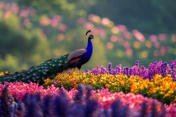 Poster - Majestic Peacock in a Colorful Flower Garden