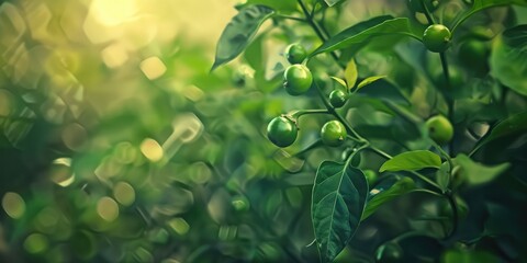 Canvas Print - Vibrant green bell pepper growing on a pepper plant in a garden.