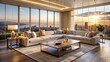 © DigitalArt Max - A luxurious living room showcases a sleek refinished wooden coffee table and a sumptuous cream-colored sectional sofa with understated gold details.