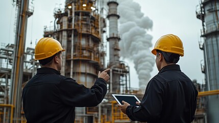 Daylight scene of two engineers wearing black uniforms and yellow helmets, pointing at an oil factory tower One holds a tablet, with white smoke visible in the background sky