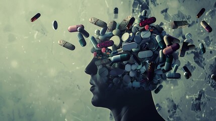 A surreal representation of a head filled with colorful pills, symbolizing mental health and medication.