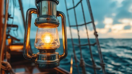 Poster - Brass Ship Lantern with Warm Light Glowing at Sea