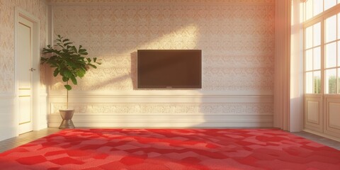 Wall Mural - Empty living room with red carpet and white wallpaper featuring a television in the corner