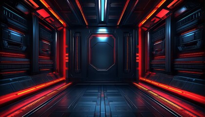 Canvas Print - Futuristic Corridor with Red and Blue Neon Lights