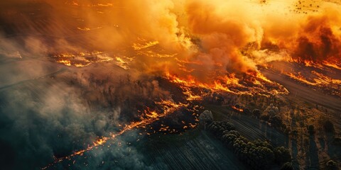 Wall Mural - Aerial View of Wildfire Devastating Fields Ecology Disaster