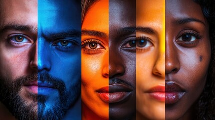 Aufkleber - Faces representing diversity are starkly contrasted by a dividing line, highlighting bias and difference in a visually striking manner. Generative AI
