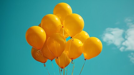 Canvas Print - A bunch of yellow balloons float against a bright blue sky with a small white cloud.