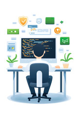 A man is programming on his computer, webpages and icons around his computer screen