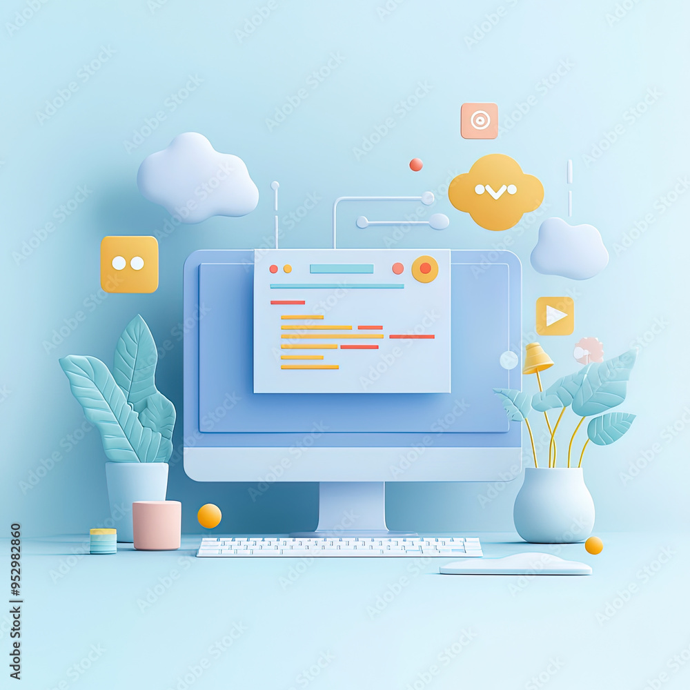 A computer screen with program codes, surrounded by various app icons ...