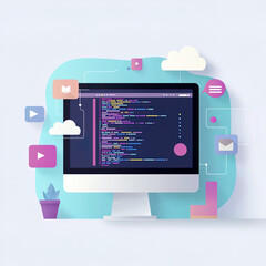 A computer screen with program codes, surrounded by various app icons and clouds, concept of coding procedure