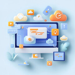 A computer screen with program codes, surrounded by various app icons and clouds, concept of coding procedure