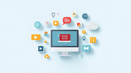 A computer screen with program codes, surrounded by various app icons and clouds, concept of coding procedure