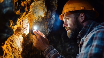 Mine engineer examining the rock face with a flashlight, looking for signs of ore deposits