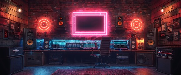 Modern music studio interior with pink neon sign and mixing console.