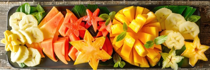 Canvas Print - Colorful Tropical Fruit Platter Featuring Papaya, Starfruit, Pineapple, and Mango for a Nutritious and Tasty Breakfast Choice