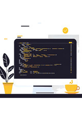 minimalist flat illustration of a computer on table with program coding on screen, potted plant and a cup of coffee on table