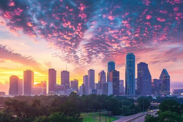 Wall Mural - Sunrise City Skyline with Colorful Sky