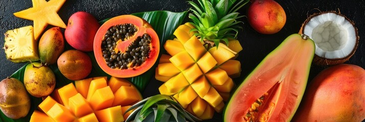 Wall Mural - Variety of Tropical Fruits Including Papaya, Mango, Starfruit, Pineapple, and Coconut Drink