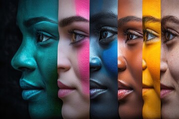 Aufkleber - Faces of diverse individuals are separated by a barrier, showcasing vibrant colors that emphasize themes of division and bias. Generative AI
