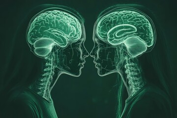 Poster - Dual Silhouetted Profiles with Green Brain Illustrations Symbolizing Cognitive Reflection Emotional Connection and the Interconnectedness of Thought in a Minimalist Setting