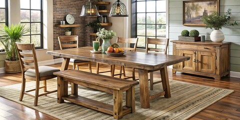 farmhouse dining table Nebraska Furniture Mart rustic wood finish country style modern design rectangular shape