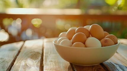 Wall Mural - A bowl of eggs sits on a wooden table with a blurred background of green foliage.