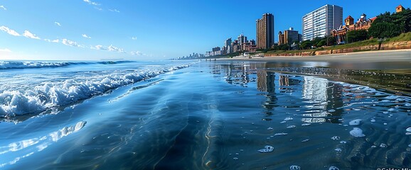 A calm beach with clear water and a city skyline in the distance.