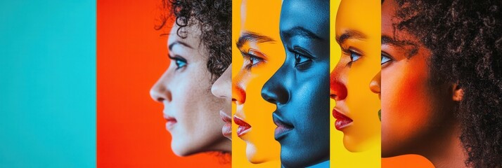 Aufkleber - Faces of diverse individuals are juxtaposed with vibrant colors, symbolizing the divisions and biases of today’s society. Generative AI