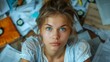 © peacehunter - Young Woman with Blue Eyes Surrounded by Papers and Clocks, Looking Up Thoughtfully