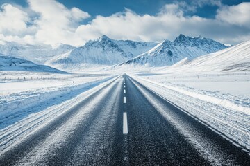 Straight asphalt highway road and snow mountains with sky clouds natural landscape. car background , ai