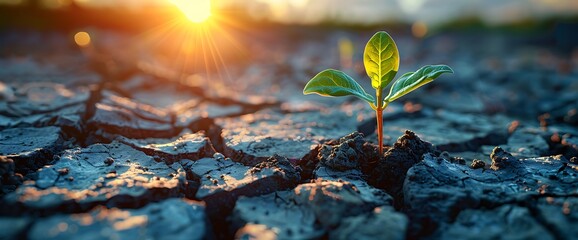 Wall Mural - A single green plant sprout growing in cracked dry soil with a warm sunset glow.