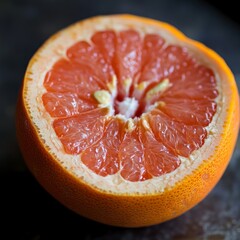 Wall Mural - Close-up of a halved grapefruit with a focus on the juicy segments.