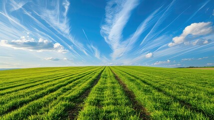 A field of lush green grass with two dirt paths running through the middle, under a blue sky with white clouds and contrails.