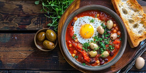 Homemade tomato paste soup with egg olives macadamia beans and bread toast in a bowl on a wooden table Western fusion cuisine from a halal food restaurant for a cafe banquet menu