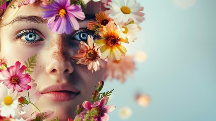 Canvas Print - A close-up portrait of a person surrounded by colorful flowers, emphasizing beauty and nature.