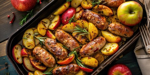 Wall Mural - Baked Sausage and Apples with Mustard and Rosemary Recipe