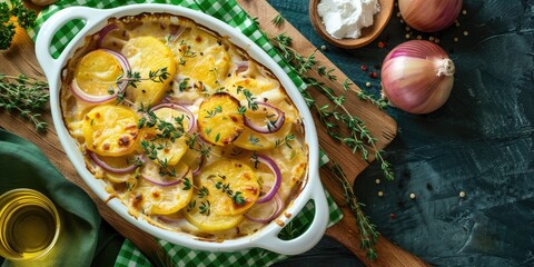 Potato casserole with red onions thyme and rosemary on green checkered kitchen towel with seasoning ingredients on wooden board