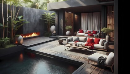 modern living room, den terrace Wooden coffee table near a rustic sofa with red cushion and gray and beige pillows against a black stucco wall. Japanese modern terrace interior A.I