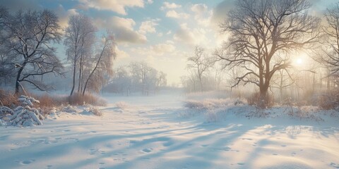 Canvas Print - Winter scenery with the first light of dawn and a blanket of snow