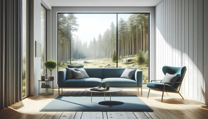 Blue sofa and chair in a room with all floor-to-ceiling glass walls overlooking the forest. a beautiful sunset Scandinavian modern living room interior desig created with generative AI.