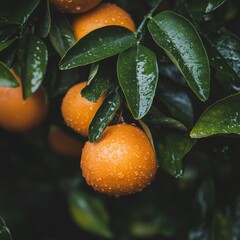 Wall Mural - Close-up of ripe oranges on a tree branch, with raindrops on the fruit and leaves.