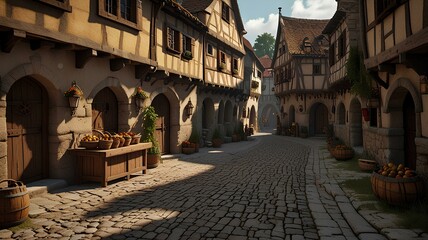 Wall Mural - Medieval marketplace street outdoors village.