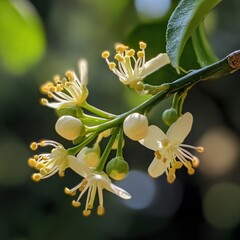 Canvas Print - Close-up of white flowers with yellow centers blooming on a green stem.