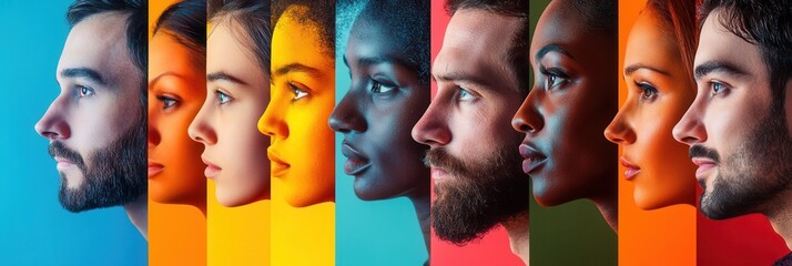 Poster - Faces of varying ethnicities are separated by a barrier, showcasing diversity and the impact of bias through striking colors. Generative AI