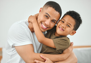 Happy, hugging and portrait of father with child in home for bonding, care and connection. Love, people and dad embracing boy kid with support, family or smile together for security in house.