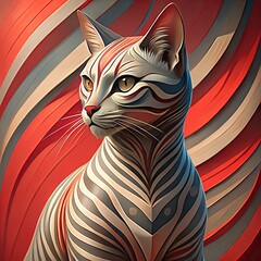 Artistic cat with abstract patterns and striking colors, profile view against a vibrant background
