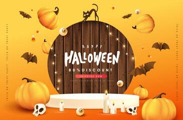 Wall Mural - Happy Halloween banner background with product display wooden board sign and pumpkins Festive Elements Halloween