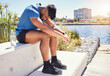 © Azee Jacobs/peopleimages.com - Sad, tired runner or man in city on break in outdoor exercise, fitness challenge or running sports. Upset, anxiety or exhausted athlete disappointed by stress, low energy or depression in training
