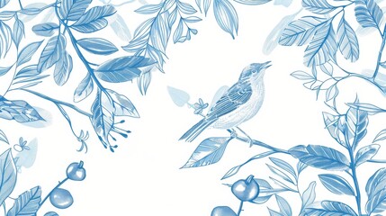 Sticker - Blue hand-drawn lines of birds and plants, elegant and delicate, 