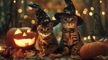 Two adorable kittens dressed as witches for Halloween with a jack-o-lantern and a pumpkin in front of a blurry background of autumn leaves and lights.